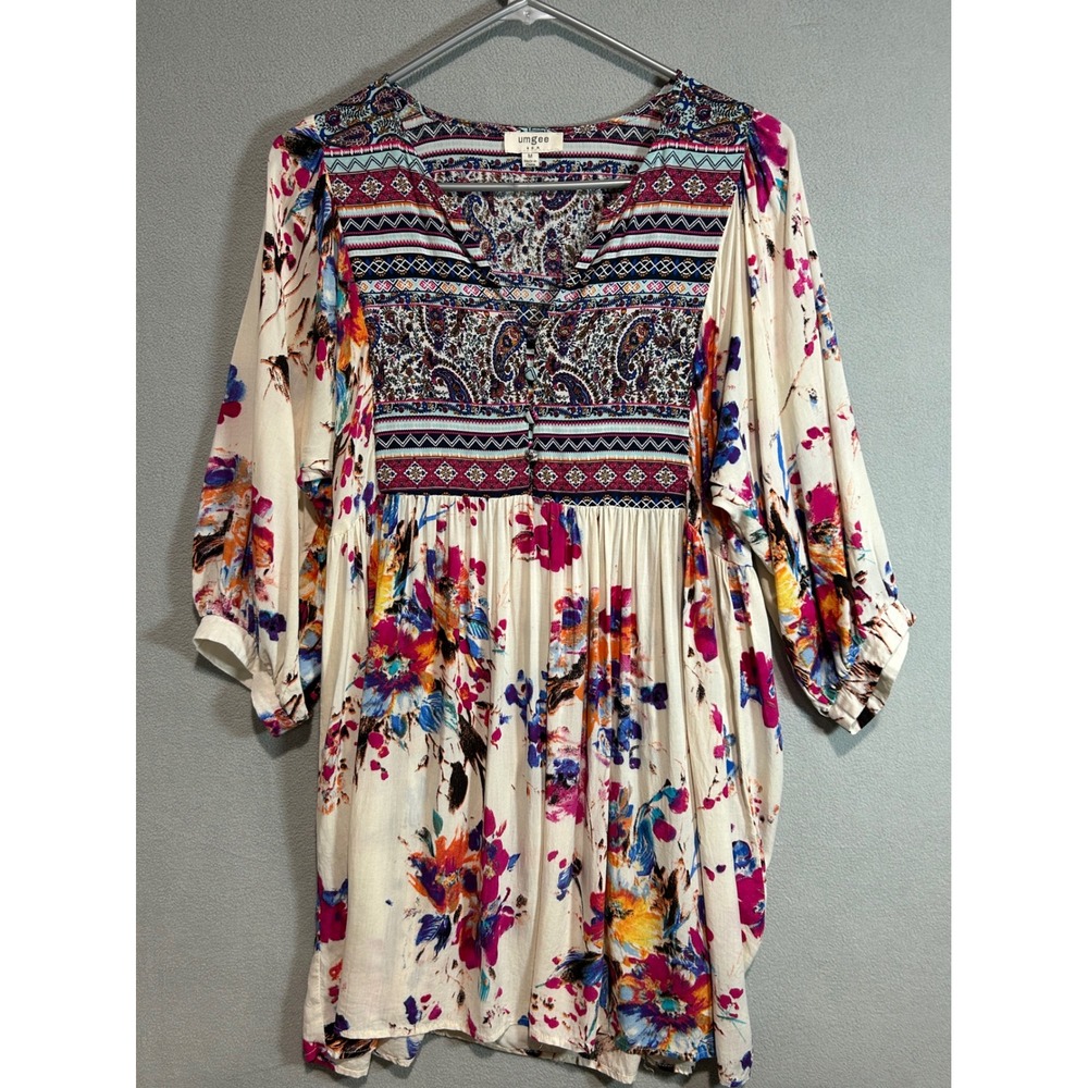 Umgee Floral Peasant Dress Women M Cream Paisley Boho Romantic Hippie Flowy